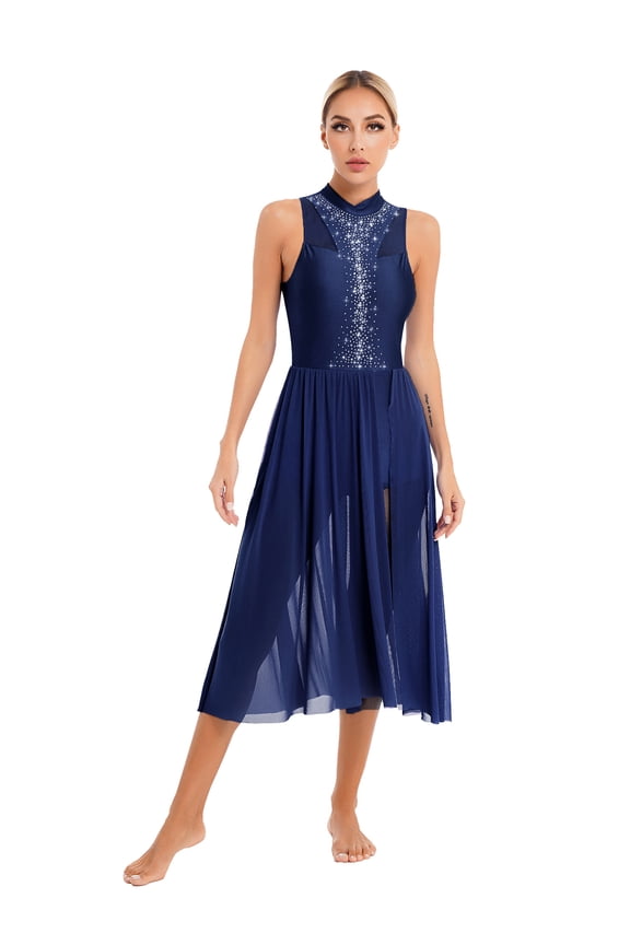 Women's Ballroom Lyrical Dance Costumes Sleeveless Rhinestone Leotard Split Mesh Maxi Dress Navy Blue S