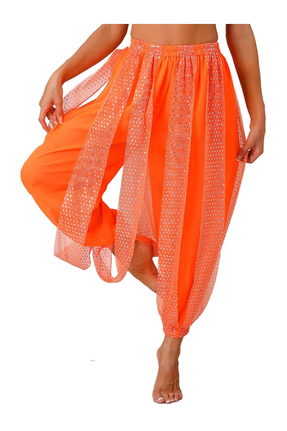 Women's Belly Dance Costume Tribal Baggy Arabic Pants Halloween Stage Performance Costume Orange One Size