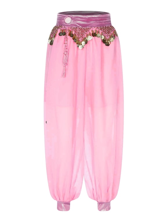 Women's Belly Dance Harem Pants Shiny Sequin Tassel Bloomers Trouser Arabic Performance Side Pink One Size