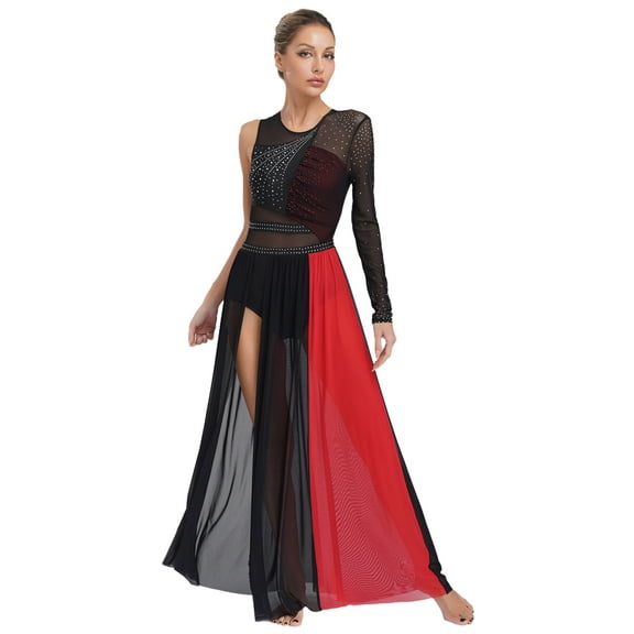 inlzdz Women's Color Block Lyrical Dance Dress Mesh Maxi Dresses Modern Contemporary Dancewear Black&Red M