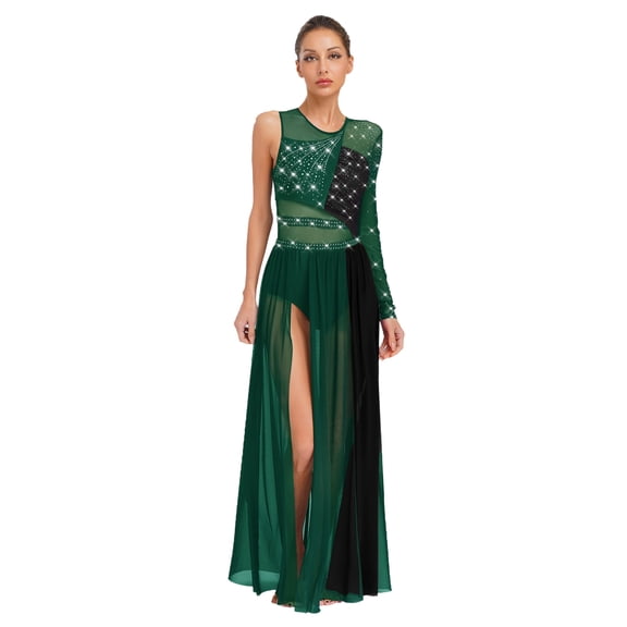 inlzdz Women's Color Block Lyrical Dance Dress Mesh Maxi Dresses Modern Contemporary Dancewear Green&Black XL