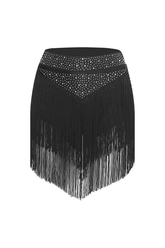 Women's Dance Skirt Elastic Waistband Tiered Tassels Skirts for Latin Salsa Competition Black XXL
