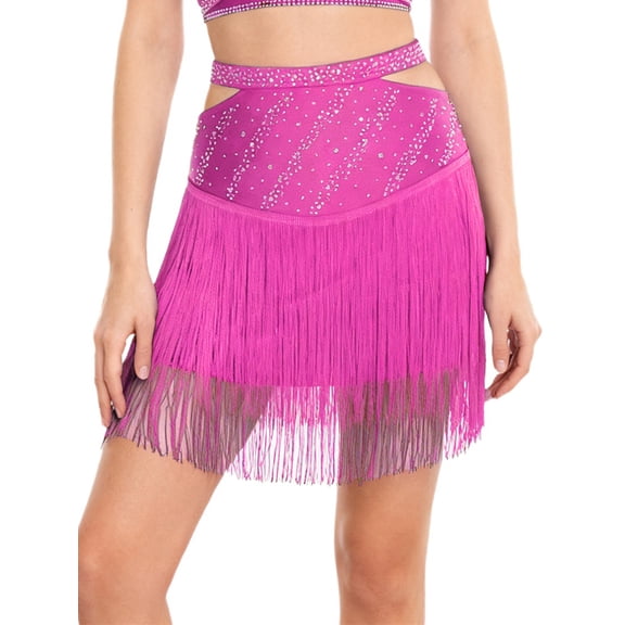 inlzdz Women's Latin Dance Skirt Fringe Tassels Shiny Ballroom Salsa Skirt for Stage Show Competition Hot Pink XXL