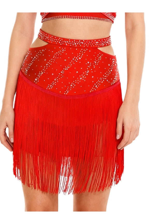 Women's Latin Dance Skirt Fringe Tassels Shiny Ballroom Salsa Skirt for Stage Show Competition Red M
