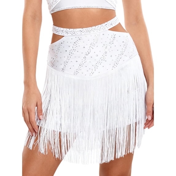 inlzdz Women's Latin Dance Skirt Fringe Tassels Shiny Ballroom Salsa Skirt for Stage Show Competition White XL