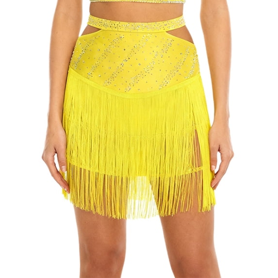 inlzdz Women's Latin Dance Skirt Fringe Tassels Shiny Ballroom Salsa Skirt for Stage Show Competition Yellow L