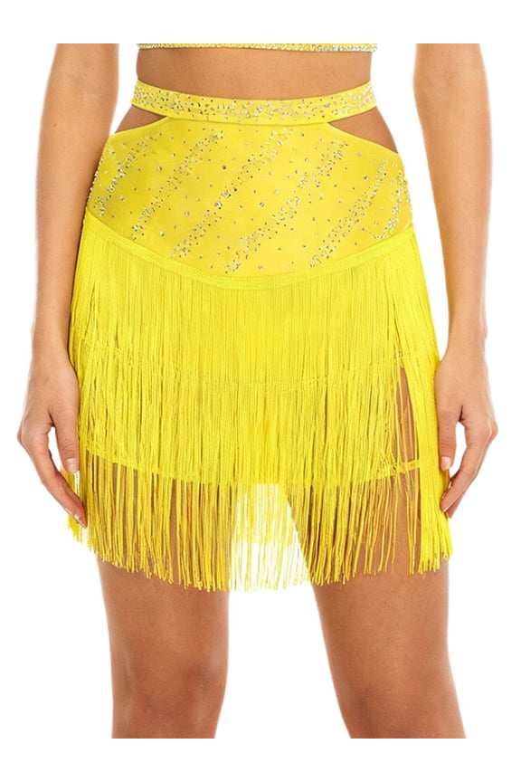 Women's Latin Dance Skirt Fringe Tassels Shiny Ballroom Salsa Skirt for Stage Show Competition Yellow XXL