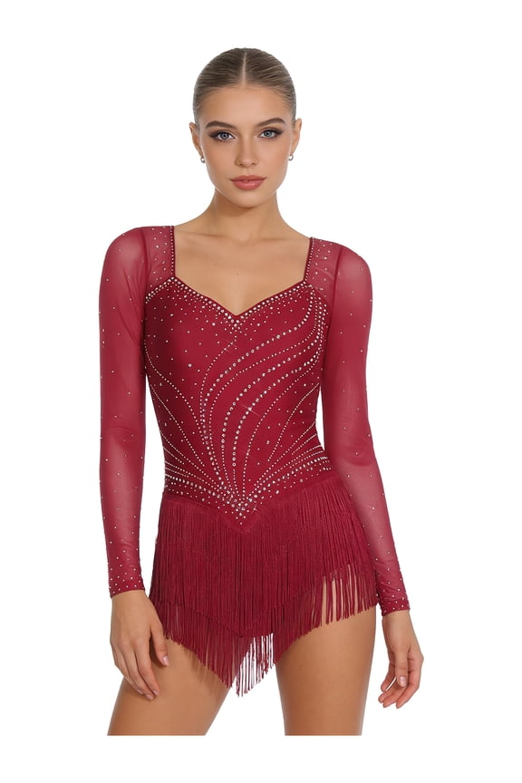Women's Long Sleeve Rhinestone Tassels Tango Latin Dance Dress Figure Skating Rhythmic Gymnastics Leotard Burgundy M