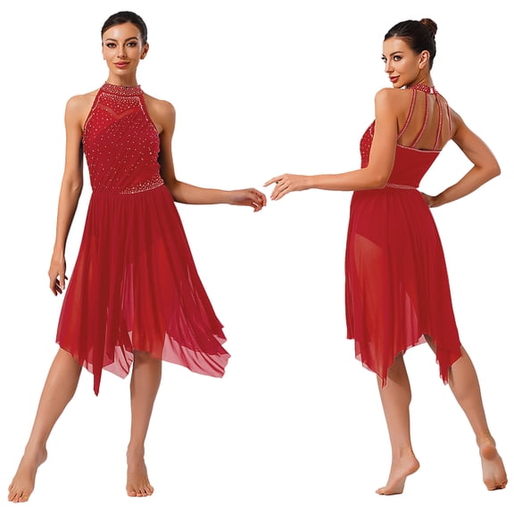 inlzdz Women's Lyrical Dance Dress Irregular Mesh Ruffled Skirt Hem Built-In Briefs Figure Skating Dresses Burgundy S