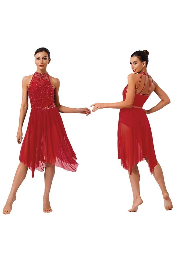 Women's Lyrical Dance Dress Irregular Mesh Ruffled Skirt Hem Built-In Briefs Figure Skating Dresses Burgundy S