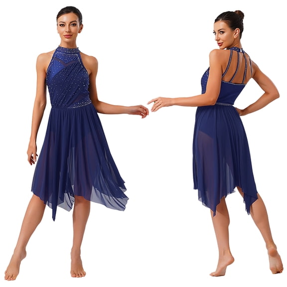 inlzdz Women's Lyrical Dance Dress Irregular Mesh Ruffled Skirt Hem Built-In Briefs Figure Skating Dresses Navy Blue M