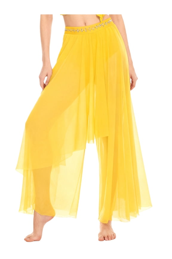 Women's Mesh Lyrical Dance Pants Flowy Wide Leg Trousers Modern Contemporary Dancewear Yellow XXL