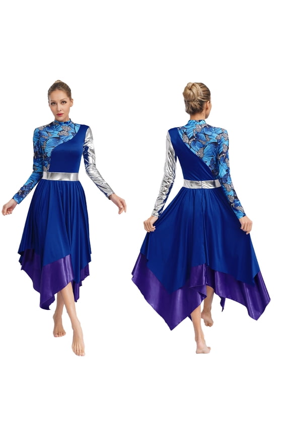 Women's Metallic Liturgical Praise Dance Dress Long Sleeve Print Worship Overlay Tunics Blue S