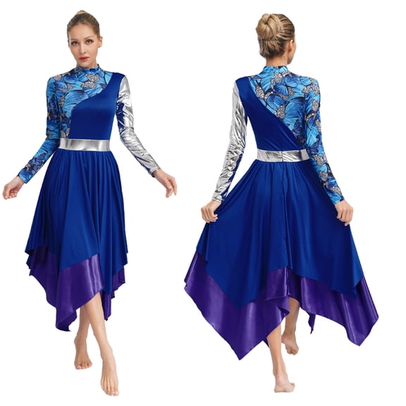 inlzdz Women's Metallic Liturgical Praise Dance Dress Long Sleeve Print Worship Overlay Tunics Blue XXL