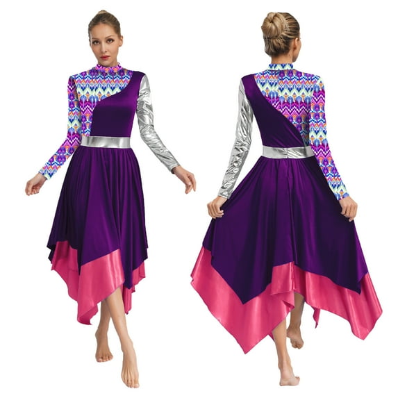 inlzdz Women's Metallic Liturgical Praise Dance Dress Long Sleeve Print Worship Overlay Tunics Purple XXL