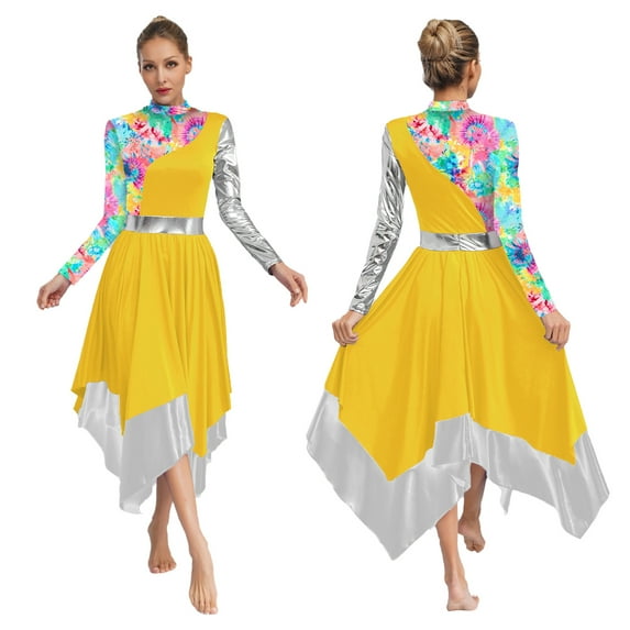 inlzdz Women's Metallic Liturgical Praise Dance Dress Long Sleeve Print Worship Overlay Tunics Yellow XL