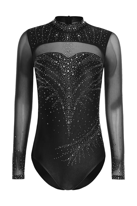 Women's Rhinestone Ballet Dance Leotard Artistic Gymnastics Competition Performance Bodysuit Black XXL