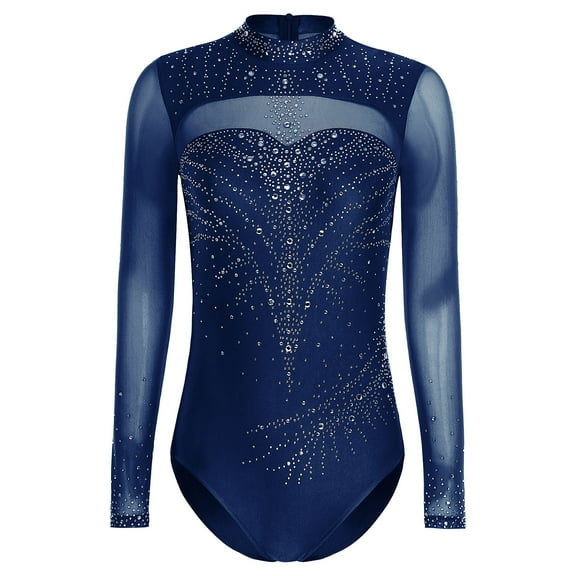 inlzdz Women's Rhinestone Ballet Dance Leotard Artistic Gymnastics Competition Performance Bodysuit Navy Blue S