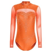 inlzdz Women's Rhinestone Ballet Dance Leotard Artistic Gymnastics Competition Performance Bodysuit Orange S