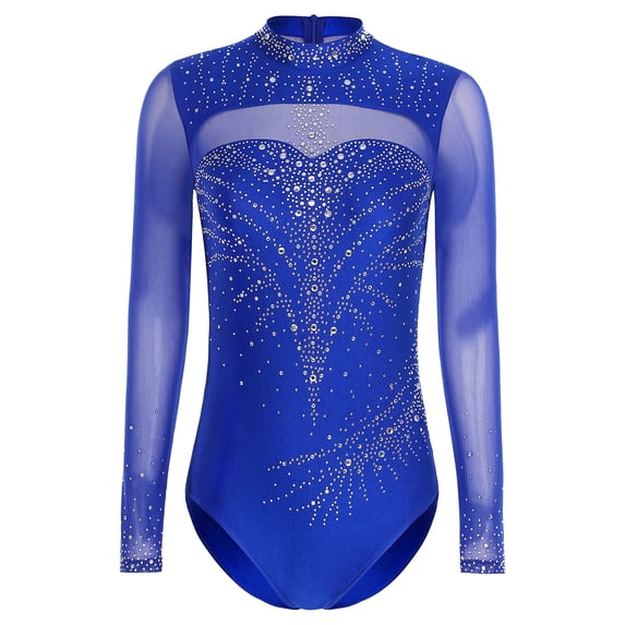 inlzdz Women's Rhinestone Ballet Dance Leotard Artistic Gymnastics Competition Performance Bodysuit Royal Blue XXL