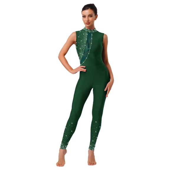 inlzdz Women's Rhinestones Sleeveless Full Body Jumpsuit Gymnastics Leotard Unitard for Ballet Dance Dark Green S