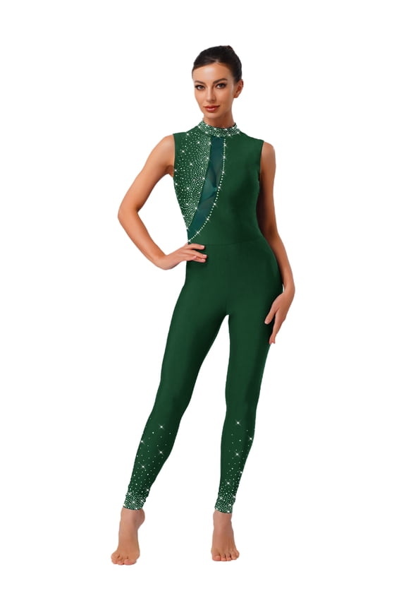 Women's Rhinestones Sleeveless Full Body Jumpsuit Gymnastics Leotard Unitard for Ballet Dance Dark Green S
