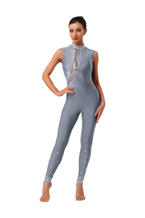 Women's Rhinestones Sleeveless Full Body Jumpsuit Gymnastics Leotard Unitard for Ballet Dance Grey XL