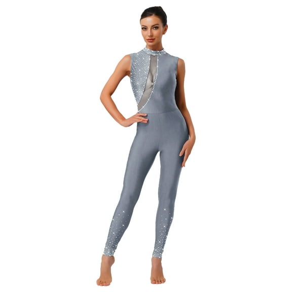 inlzdz Women's Rhinestones Sleeveless Full Body Jumpsuit Gymnastics Leotard Unitard for Ballet Dance Grey XL