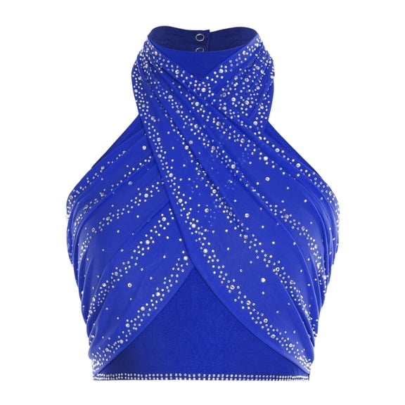 inlzdz Women's Sequin Sparkly Halter Tops Latin Modern Dance Tank Crop Top Camisole Ballroom Dancewear Blue S