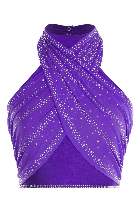 Women's Sequin Sparkly Halter Tops Latin Modern Dance Tank Crop Top Camisole Ballroom Dancewear Purple XXL