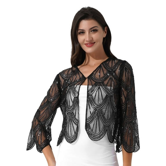 inlzdz Women's Sequined Wedding Evening Cape Vintage Disco 1920s Shawl Bolero Cardigan Shrug Flapper Cover up Black One Size