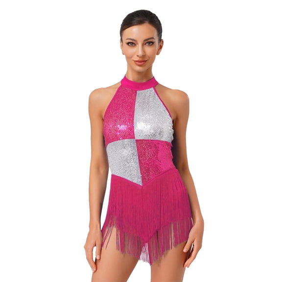 inlzdz Women's Shiny Sequin Jazz Latin Dance Leotard Tassel Hem Bodysuit Rumba Samba Dancing Outfit Hot Pink L