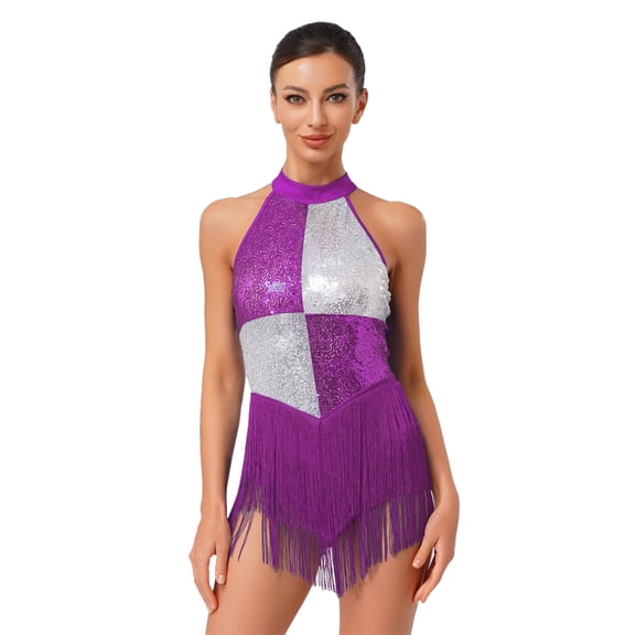 inlzdz Women's Shiny Sequin Jazz Latin Dance Leotard Tassel Hem Bodysuit Rumba Samba Dancing Outfit Purple S