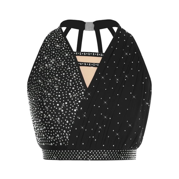 inlzdz Women's Sparkly Rhinestone Lyrical Dance Vest Sleeveless Ballet Crop Tank Tops Dancewear Black XXL