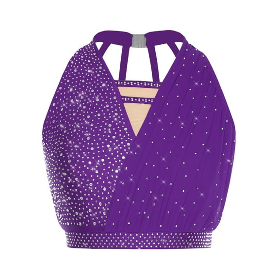 inlzdz Women's Sparkly Rhinestone Lyrical Dance Vest Sleeveless Ballet Crop Tank Tops Dancewear Purple M