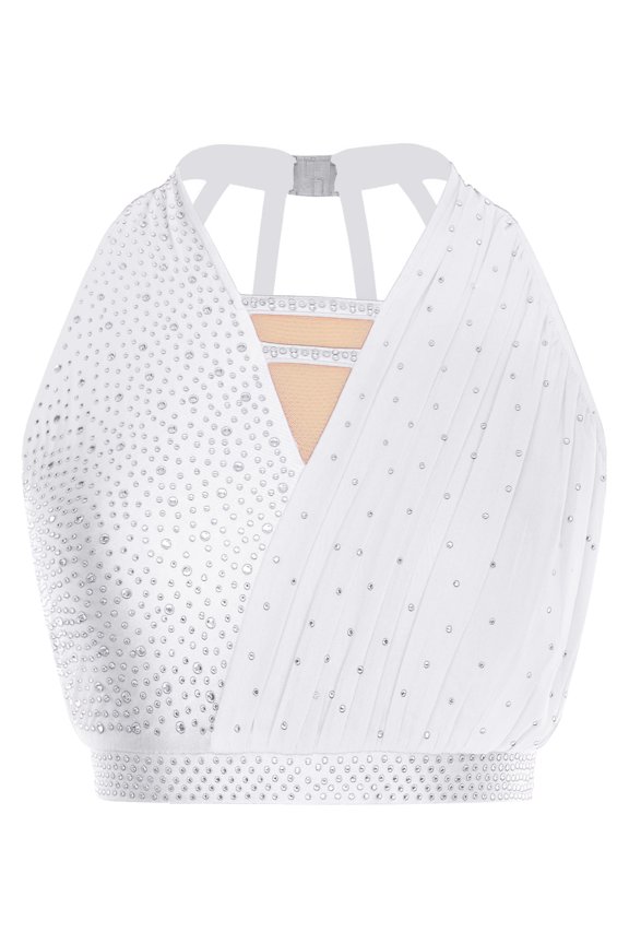 Women's Sparkly Rhinestone Lyrical Dance Vest Sleeveless Ballet Crop Tank Tops Dancewear White L