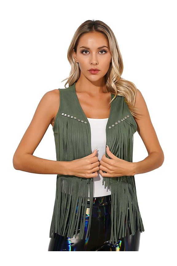 Women's Tassel Sleeveless Vest 70s Open-Front Vintage Tops Hippie Faux Suede Fringe Jacket Army Green XXL