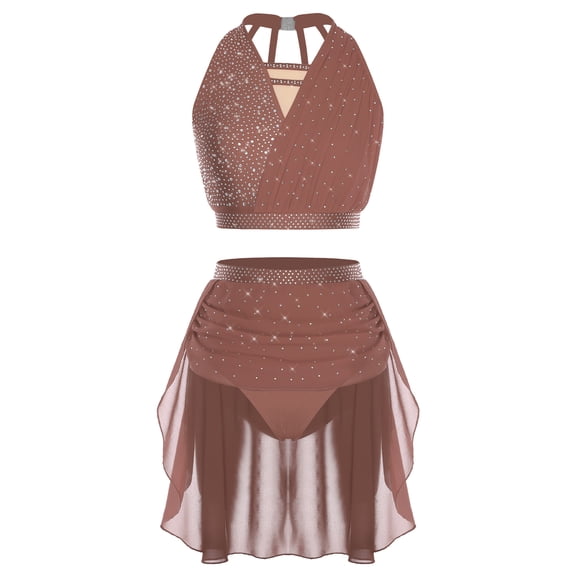 inlzdz Womens 2-Piece Dance Outfits Shiny Sequin Halter Top Built-in Briefs Skirt for Dance Shows Dusty Pink S