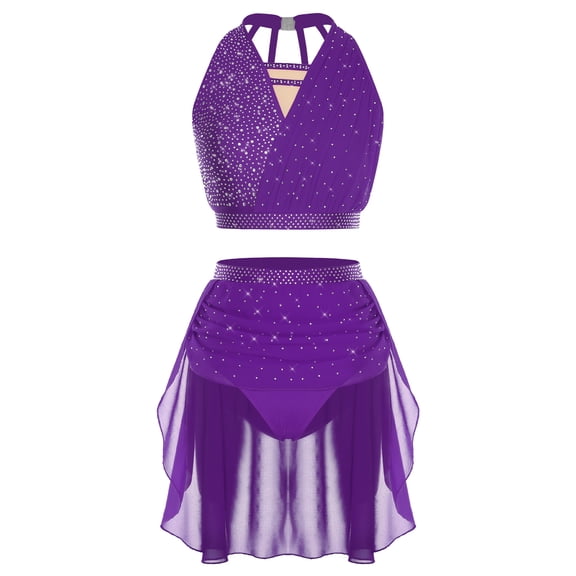 inlzdz Womens 2-Piece Dance Outfits Shiny Sequin Halter Top Built-in Briefs Skirt for Dance Shows Purple L