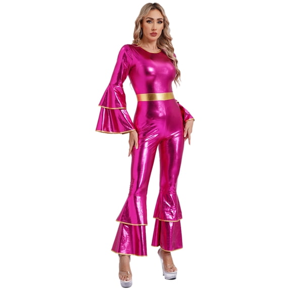 inlzdz Womens 70s Disco Outfits Metallic Shiny Tiered Flare Sleeve Bell Bottom Jumpsuits Hot Pink S