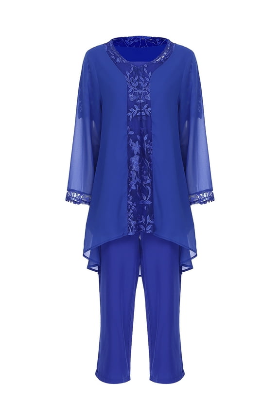 Womens Chiffon Pant Suits 3 Piece Mother of The Bride Wedding Outfit Evening Cocktail Party Suit 03 Blue S