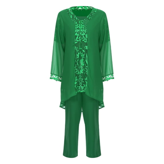 inlzdz Womens Chiffon Pant Suits 3 Piece Mother of The Bride Wedding Outfit Evening Cocktail Party Suit 03 Green XL/1XL