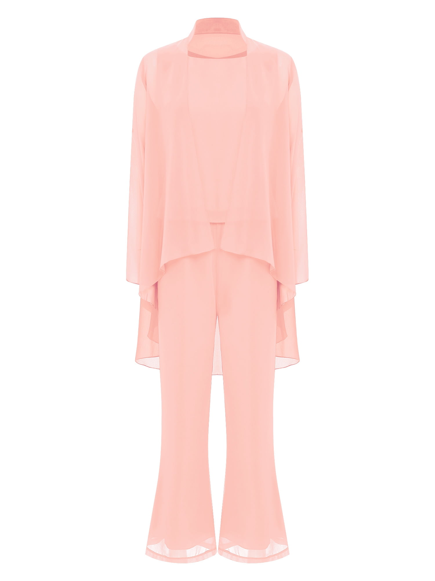 Jewel Neck Layered Chiffon Poncho Top and Wide Leg Pant Suit Candy Pink main image 1