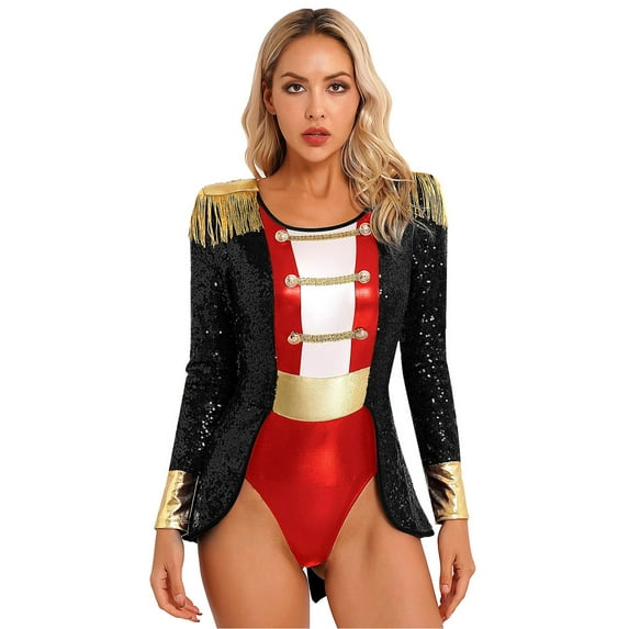 inlzdz Womens Circus Ringmaster Shiny Sequin Tailcoat Bodysuit Jumpsuit Black 3XL