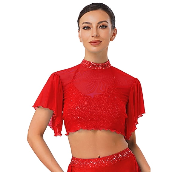 inlzdz Womens Dance Cover Up Top Short Sleeve Mesh Open Back Rhinestone Mock Neck Crop Cardigan Red S