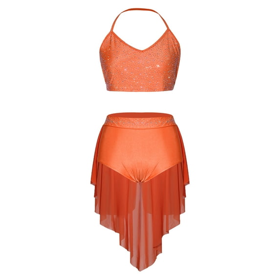 inlzdz Womens Dance Outfit V-Neck Camisole High-Waist Mesh Skirts 2-Piece Set for Stage Performance Orange L