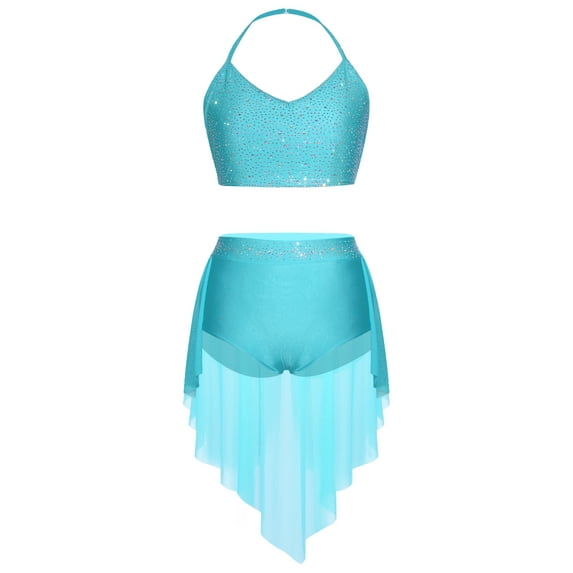 inlzdz Womens Dance Outfit V-Neck Camisole High-Waist Mesh Skirts 2-Piece Set for Stage Performance Sky Blue XL