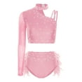 thumbnail image 1 of inlzdz Womens Dancewear Set Shiny Sequins One Shoulder Long Sleeve Crop Top with Feather Triangle Shorts Pink S, 1 of 6