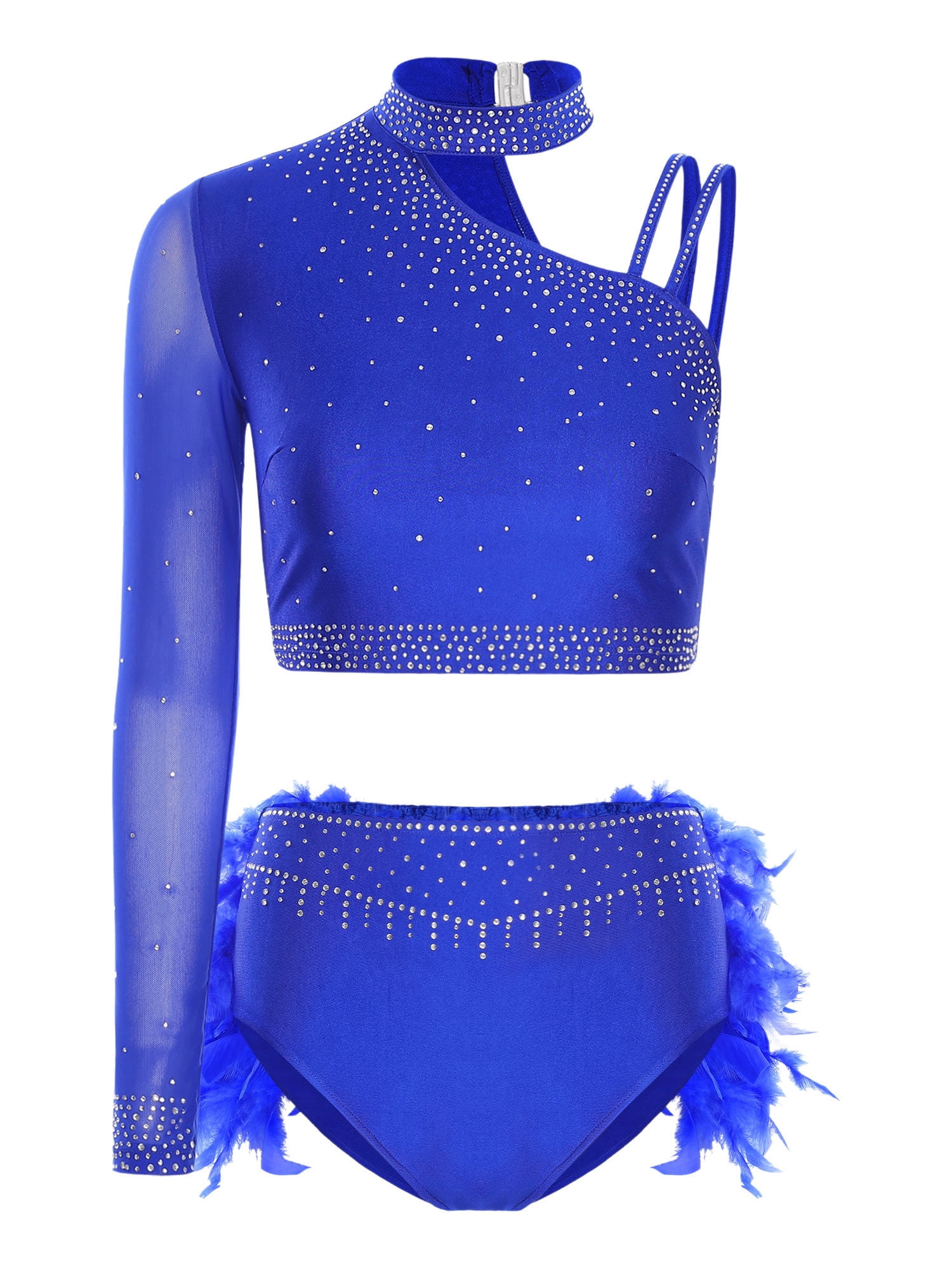 inlzdz Womens Dancewear Set Shiny Sequins One Shoulder Long Sleeve Crop ...