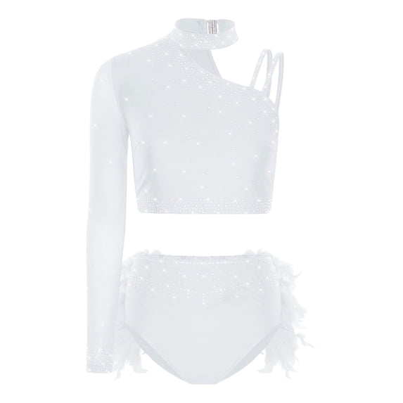 inlzdz Womens Dancewear Set Shiny Sequins One Shoulder Long Sleeve Crop Top with Feather Triangle Shorts White XL